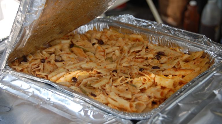 Rasta Pasta- variations can be found all over the Caribbean. This version is by Bev's Caribbean Kitchen, and is her British Virgin Islands take on the dish. It's vegetarian, with black beans, onions, peppers and Parmesan cheese. 