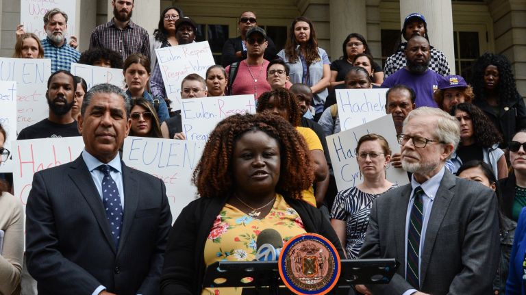 Rep. Adriano Espaillat, left, Hacheler&nbsp;Cyrille, center, and Assemb. Dick Gottfried attend a news conference Tuesday to shed light on unfair treatment of workers.