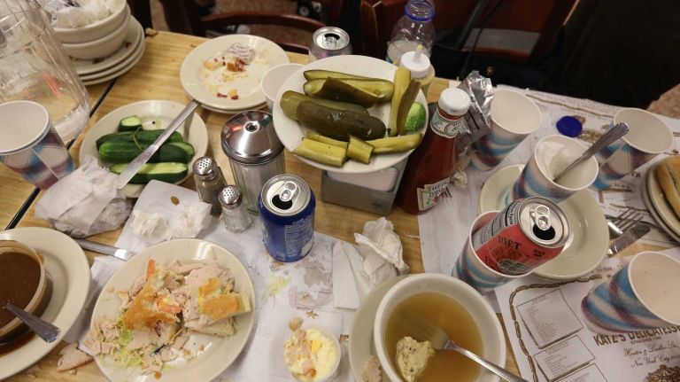 Leftover food after lunch at Katz Deli.