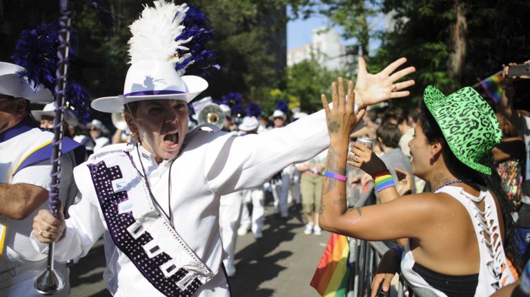 New York City's Lesbian & Gay Big Apple Corps Marching Band performs at the New York Pride Parade in Manhattan on Sunday, June 29, 2014.