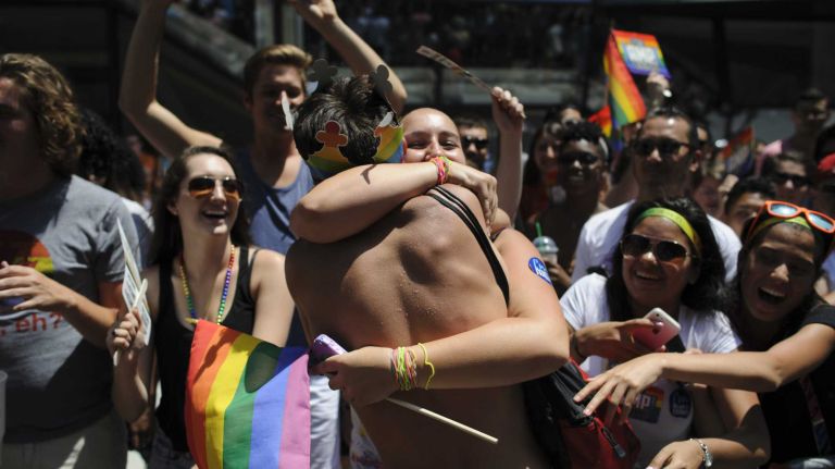 Participants celebrate during the New York City pride parade in Manhattan on Sunday, June 29, 2014.
