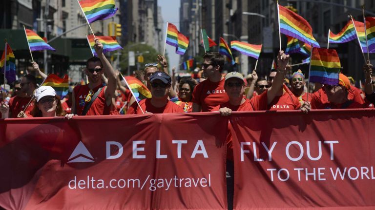Delta participates during the New York City pride parade in Manhattan on Sunday, June 29, 2014.