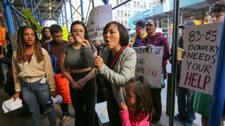 Bowery tenants return home after being displaced over 7 months ago 1 Tenants of 85 Bowery and housing advocates protest in front of the Department of Buildings office at 280 Broadway in Manhattan on April 26.