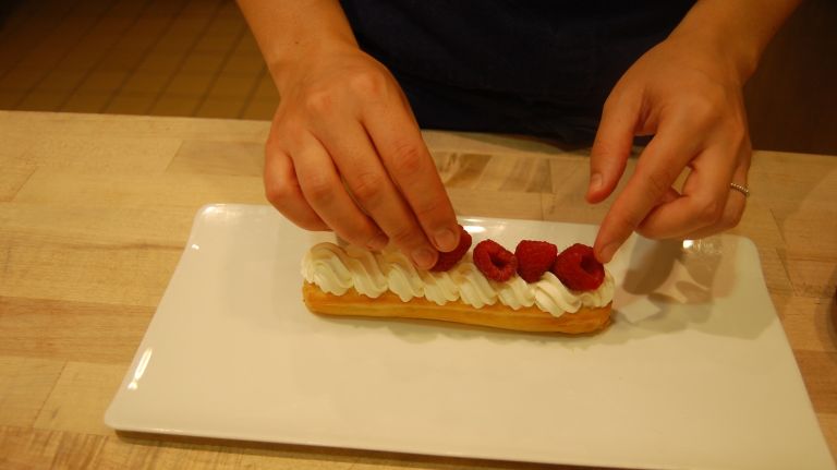 Éclair recipe from Bouchon Bakery 33 Decorate top with a row of fresh raspberries (approximately 8 raspberries per éclair).
