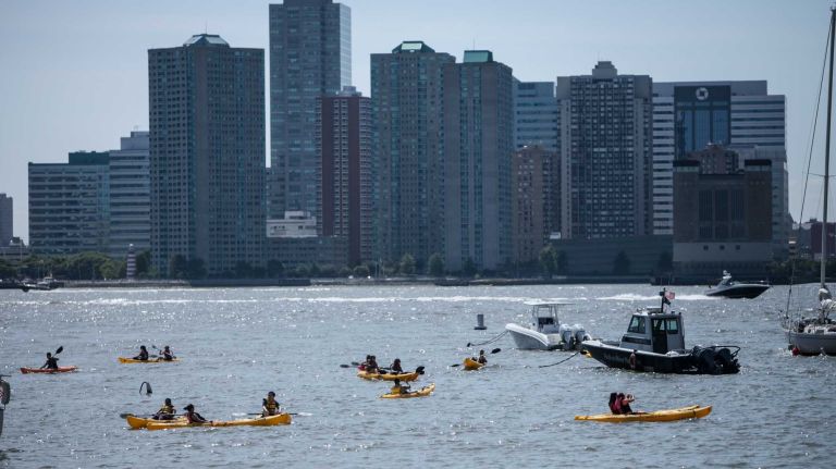 People Kayak in the Hudson River in Hudson Square in Manhattan on June, 1, 2014. 