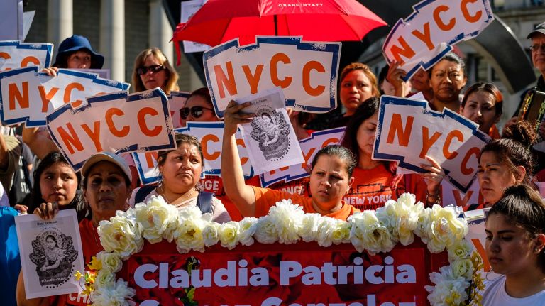 Demonstrators rally in Foley Square on Wednesday to protest the killing of Claudia Patricia Gómez González by a border patrol agent and the death of Roxsana Hernandez in an ICE detention center.