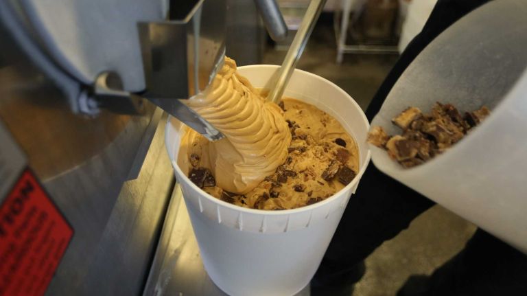 Ice cream being made in the back of the store at Ample Hills Creamery in Prospect Heights, Brooklyn, Wednesday, May 7, 2014. Ample Hills makes their ice cream in house and will be opening a new store in Gowanus in June.