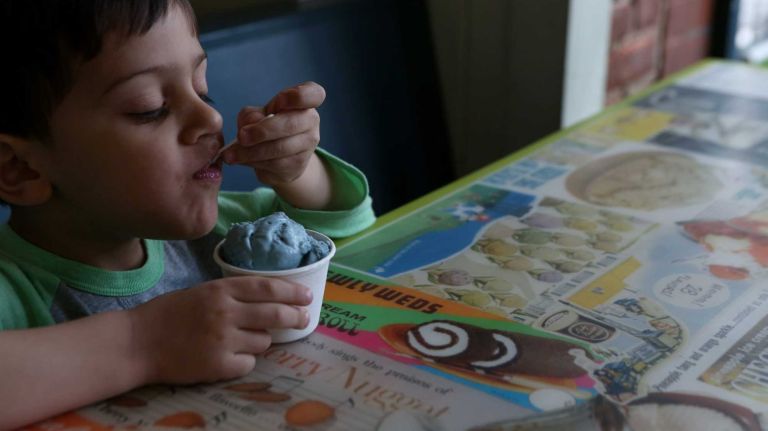 Cooper Renz, 3, enjoys his ice cream at Ample Hills Creamery in Prospect Heights, Brooklyn, Wednesday, May 7, 2014. Ample Hills makes their ice cream in house and will be opening a new store in Gowanus in June.
