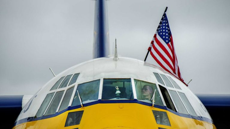 Jones Beach Air Show 2014 19 Fat Albert, which the Navy uses to transport the Blue Angels' equipment and replacement parts, sits on the tarmac at Republic Airport in East Farmingdale on May 23, 2014, the day before the Bethpage Air Show at Jones Beach.