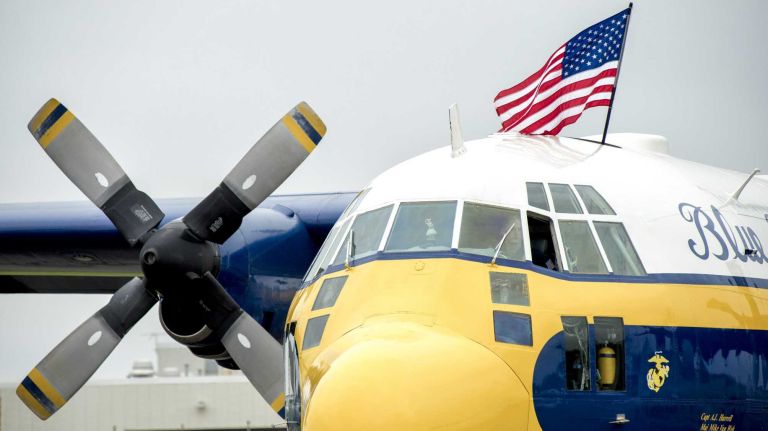 Jones Beach Air Show 2014 20 Fat Albert, which the Navy uses to transport the Blue Angels' equipment and replacement parts, sits on the tarmac at Republic Airport in East Farmingdale on May 23, 2014, the day before the Bethpage Air Show at Jones Beach.