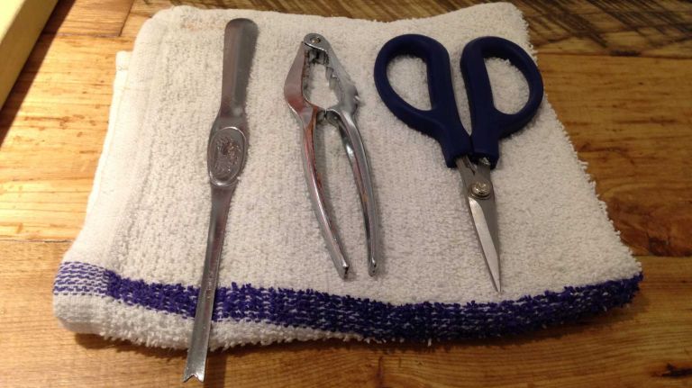 Here's what you'll need to break apart a lobster - from left, a lobster fork, claw cracker and scissors (or knife).
