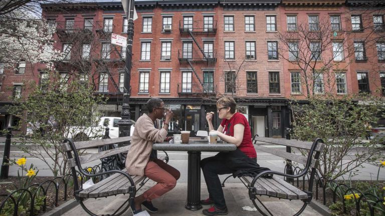 Photos of the Far West Village 16 Susan Hedges (left) and Heather Chatman (right) who both work in the West Village enjoy the nice weather in Bleecker Playground in the West Village in Manhattan on April 14, 2014.