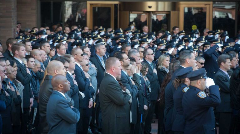 NYPD Officer Dennis Guerra remembered at memorial, funeral 48 Police officers salute as Police Commissioner William J. Bratton presides over a flag lowering ceremony in honor of fallen Police Officer Dennis Guerra at 1 Police Plaza on April 9, 2014, the day Guerra died from injuries sustained in a Coney Island fire on April 6.