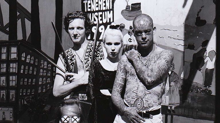 Coney Island sideshow artists Fred Kahl (back left), Snake Woman Michelle Marcel aka Demonica, Tattoo artist Michael Wilson and escape artist Chris Moriarty. (June 20, 1994)