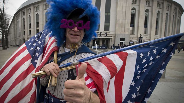 New York Yankees fan Lenny Lipshitz, of the Bronx, gets to Yankee Stadium early to celebrate opening day on April 7, 2014. 