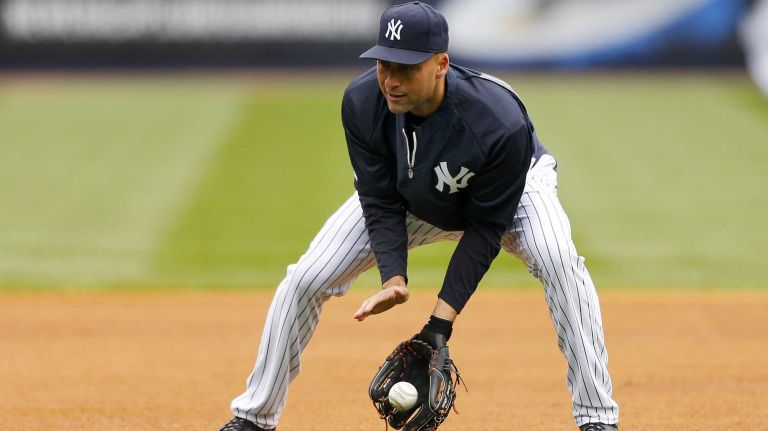 Derek Jeter of the Yankees warms up during batting practice before the home opener against the Baltimore Orioles at Yankee Stadium on Monday, April 7, 2014.