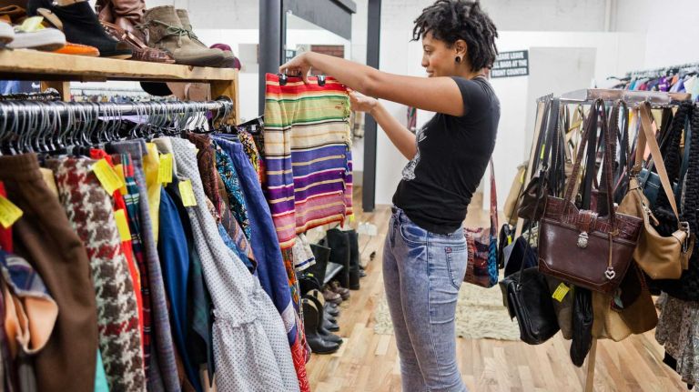 “There are some really cool-looking skirts here,” says Chiara, holding up a colorful striped style. 