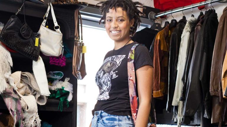 Chiara de Blasio arrived at L Train Vintage in Brooklyn wearing an outfit that represented her personal style, which she describes as a darker take on the hippie aesthetic: a concert tee bought during the Finnish Metal Tour in 2011, BDG skinny jeans from Urban Outfitters, a patchwork handbag her uncle gave her, an old pair of Dr. Martens boots that her friend’s sister “wore for years” before passing them along to Chiara and a stone necklace that her friend’s cousin made.