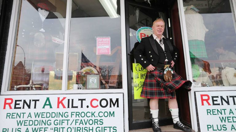 Liam Groarke stands outside the RentaKilt.com showroom on 4th Avenue in Fort Hamilton.