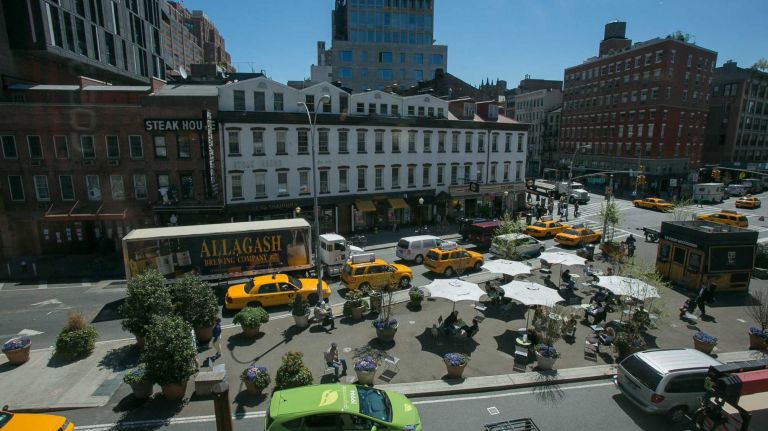 A pedestrian plaza at 9th Ave at 14th St.