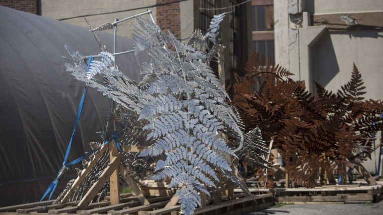 Metal leaves in a parking lot opposite the Port Morris Gantries.