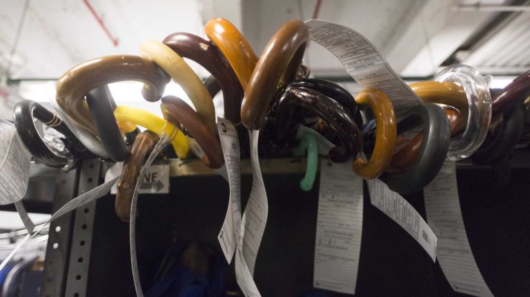 Lost umbrellas are stored at the MTA's Metro-North Railroad Lost & Found in Grand Central Terminal on August 28, 2013.