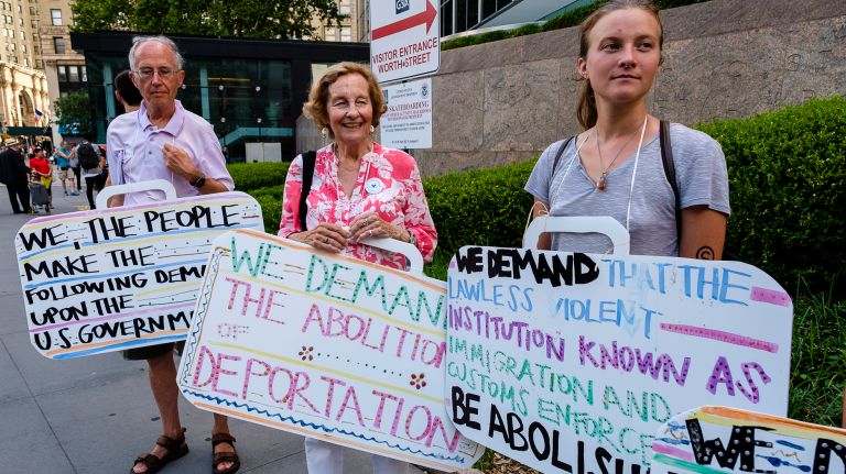 Protesters demonstrate at Federal Plaza.