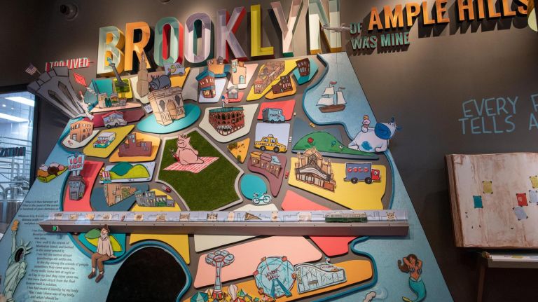 The "Brooklyn Past and Present" wall is displayed at the Ample Hills Ice Cream Factory and Museum in Red Hook. 421 Van Brunt St. Brooklyn, NY on July 24, 2018.