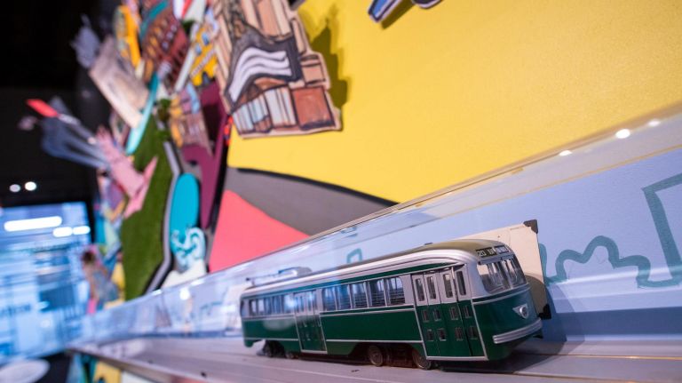 A detail showing a Red Hook trolley from an interactive display at the Ample Hills Museum. Ample Hills is opening a new ice cream factory and museum in Red Hook. 421 Van Brunt St. Brooklyn, NY on July 24, 2018.