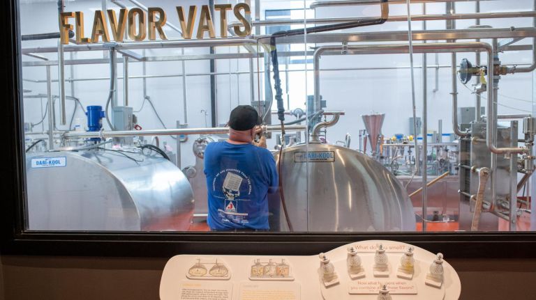 Final work being done on the flavor vats inside the factory. Ample Hills is opening a new ice cream factory and museum in Red Hook. 421 Van Brunt St. Brooklyn, NY on July 24, 2018.