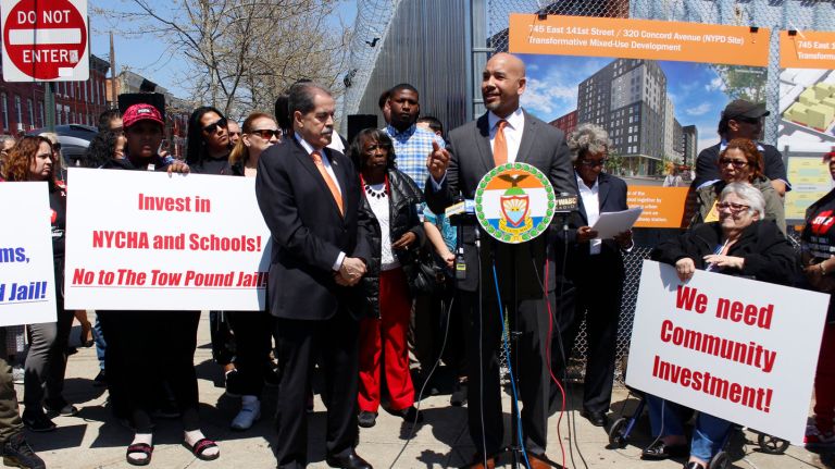 A proposed jail site was protested by Mott Haven residents and Bronx Borough President Ruben Diaz Jr. on Tuesday, May 1, 2018.