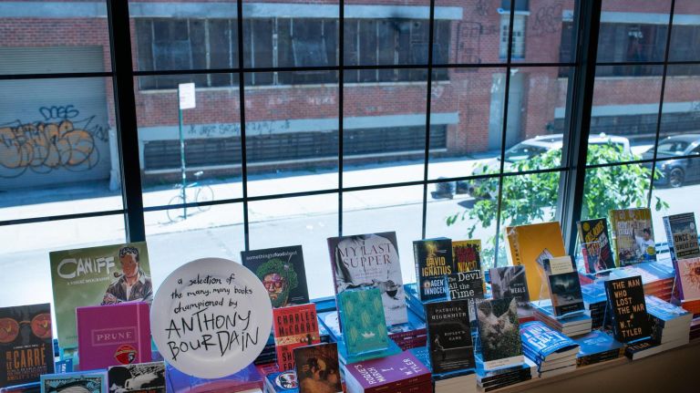 A selection of books in memory of Anthony Bourdain at McNally Jackson.
