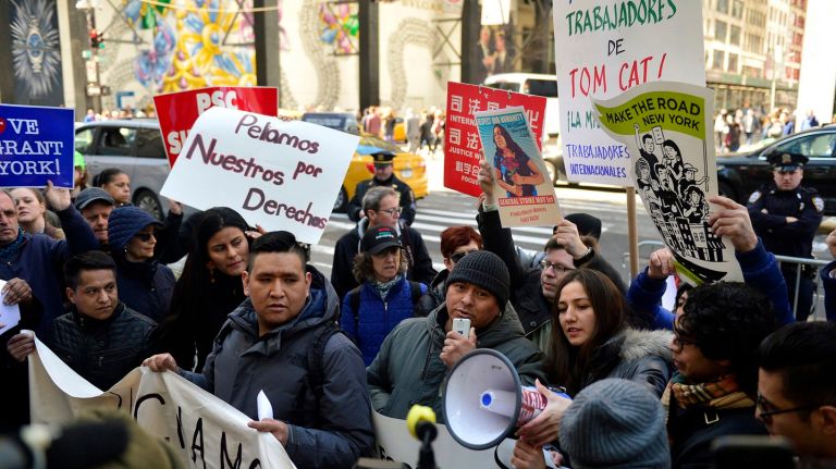 A Tom Cat Bakery worker speaks during an April 2017 rally for immigrant food-production workers in Manhattan.