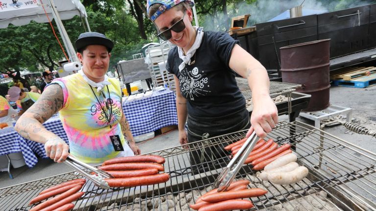 Star whole-animal butchers Erika Nakamura, left, and Jocelyn Guest serve up three types of sausages made with meats from upstate.