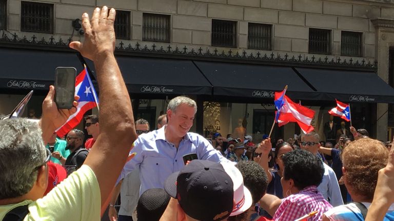 Mayor Bill de Blasio attends the Puerto Rican Day Parade on June 11, 2017. 