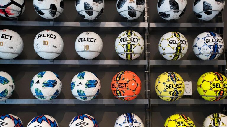 Soccer balls inside Upper 90's shop.