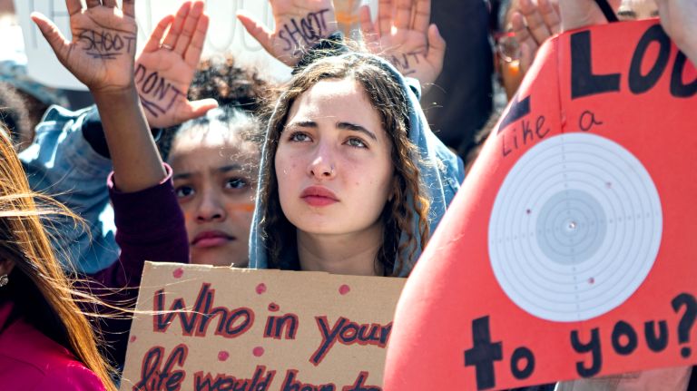 NYC students join National School Walkout against gun violence on Columbine anniversary 1 Student Coco Alba, 16, of Brooklyn listens to a speaker as she joins other students in Washington Square Park in Greenwich Village on Friday. Students from more than 20 high schools and universities around New York and New Jersey participated in the National School Walkout against gun violence.