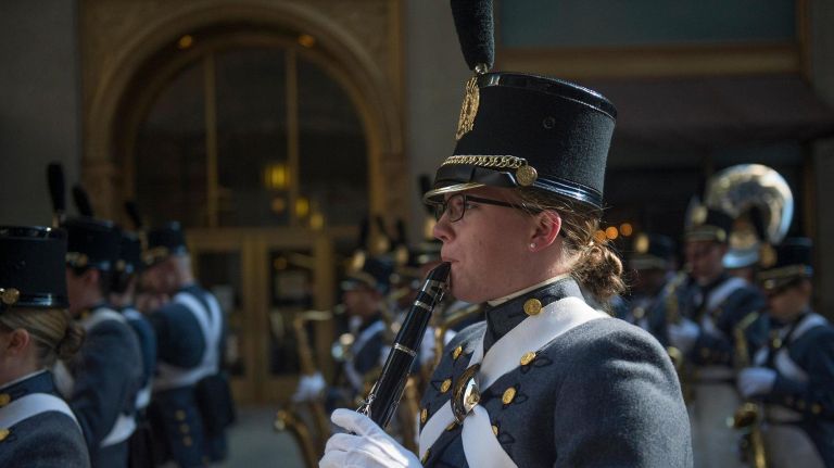 Carisa Kunkle, a member of the Virginia Military Institute Marching Band, played the clarinet on Saturday.