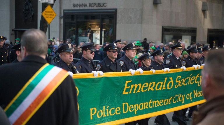 Members of the NYPD Emerald Society marched in the 2018 St. Patrick's Day Parade on Saturday.