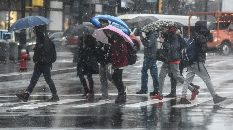 Pink, blue and camouflage umbrellas were spotted in Brooklyn during the nor'easter on March 2, 2018.