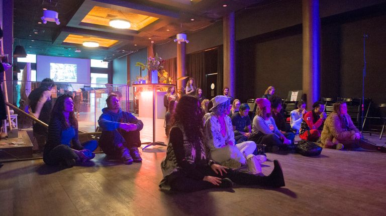 Women's March on NYC: Photos of the 2nd annual demonstration 50 Women and men decompress with meditation at Town Stages in Manhattan after taking part in the NYC Women's March on Saturday, Jan. 20, 2018. The wind-down event was sponsored by the Women's March Alliance, Ambrosia Elixirs, BAR, Future Clear Productions, Offline Projects, Hanoux, Female Frequency and BUST Magazine.