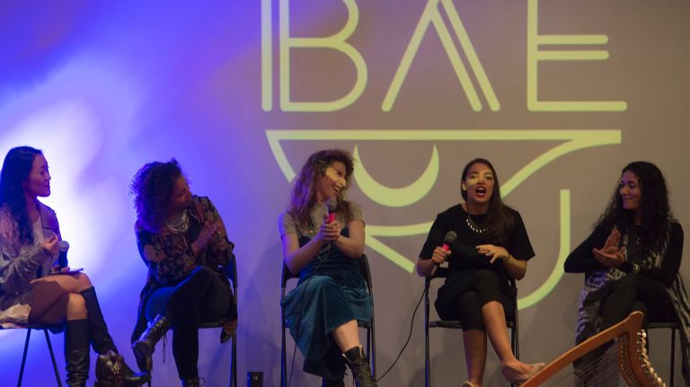 Women's March on NYC: Photos of the 2nd annual demonstration 52 Democratic Candidate for Congress Alexandria Ocasio-Cortez (second from right) joins a womens empowerment panel at Town Stages in Manhattan following the NYC Women's March on Saturday, Jan. 20, 2018. The wind-down event for the march was sponsored by the Women's March Alliance, Ambrosia Elixirs, BAR, Future Clear Productions, Offline Projects, Hanoux, Female Frequency and BUST Magazine.