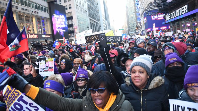 Hundreds of protesters attended the Rally Against Racism in Times Square on Jan. 15, 2018, after President Donald Trump's recent comments disparaging immigrants from Haiti and African nations.
