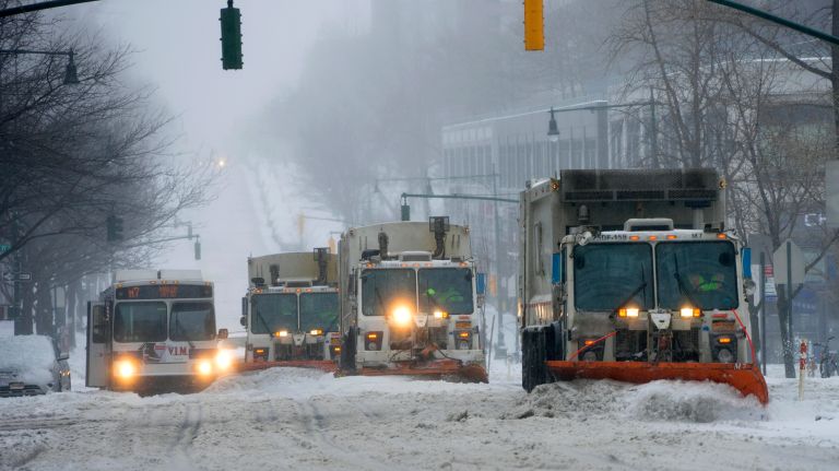 Snow in NYC: Photos from winter 2016-2017 51 Plows make their way along Columbus Avenue during the snowstorm on the Upper West Side of Manhattan on Tuesday, March 14, 2017.