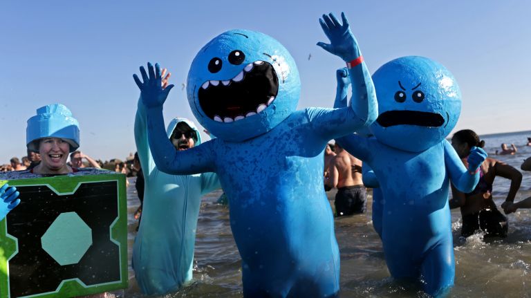 Swimmers in costumes participate in the Coney Island Polar Bear Club's New Year's Day Swim on Jan. 1, 2017.