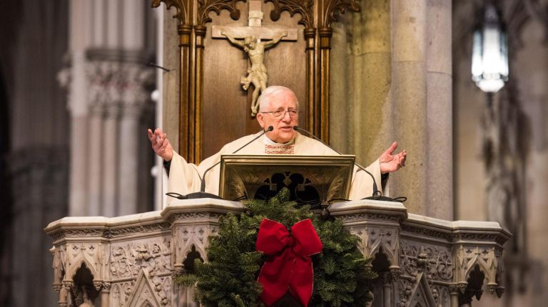 John O'Hara, Auxiliary Archbishop filling in for Cardinal Dolan. Christmas mass at St. Patrick's Cathedral in NYC, on Dec. 25, 2017.