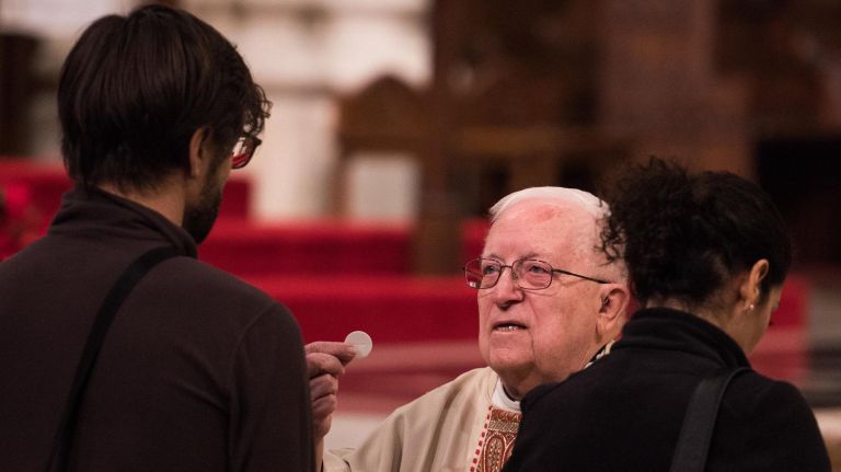 John O'Hara, Auxiliary Archbishop filling in for Cardinal Dolan during Christmas mass at St. Patrick's Cathedral in NYC, on Dec. 25, 2017.