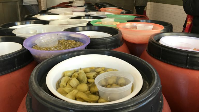 The Pickle Guys on Grand Street is the only store of its kind left in the area. The store's pickles are kosher and made from an old Eastern European recipe, cured with salt brine in a barrel.