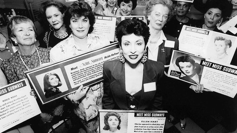 Ellen Hart Strum, center, former Miss Subways March 1959, hosted a Miss Subways reunion at her restaurant, Uptown, at 56th Street and Sixth Avenue in Manhattan. Pictured to the left of Strum is Heide Hafner, the last Miss Subways (Sept. 1976), and pictured to her right is Edith Fagan, the earliest Miss Subways present at this reunion (March 1943). (May 13, 1991)