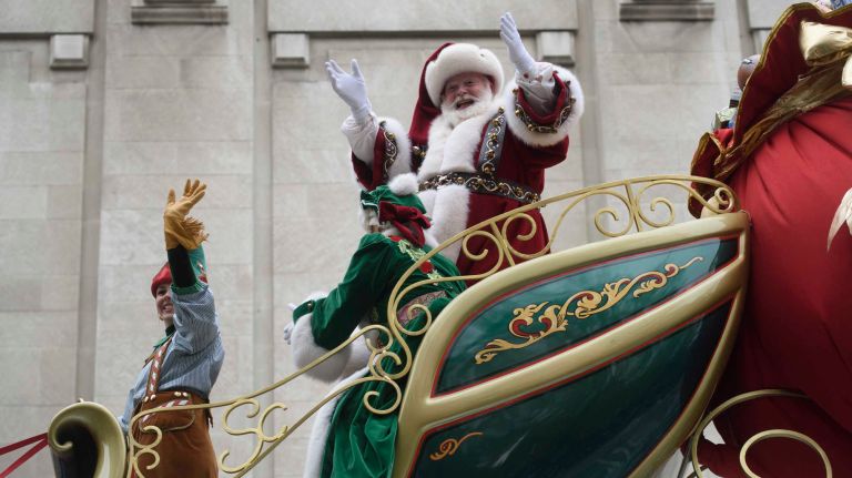 Santa's sleigh heads out along Central Park West on Thursday, November 24, 2016, bringing up the rear of the 90th annual Macy's Thanksgiving Day Parade in Manhattan.